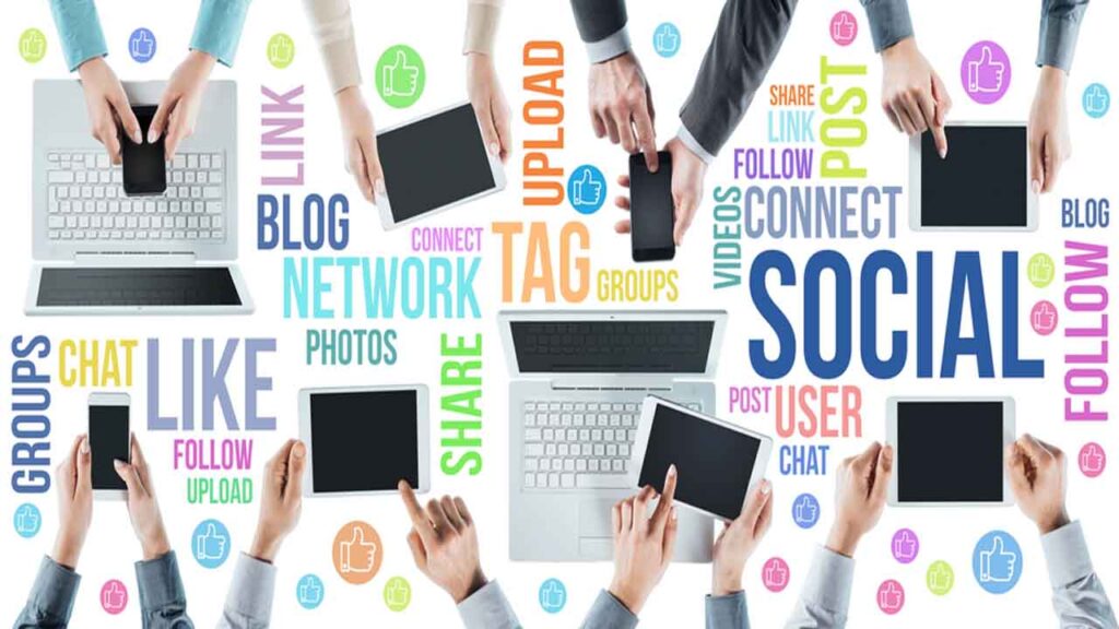 An illustration depicting various social media platforms and marketing strategies